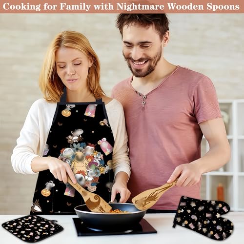 Night Theme Wooden Cooking Spoon Set with Oven Mitt & Apron - Halloween Kitchen Decor, 9 Pieces