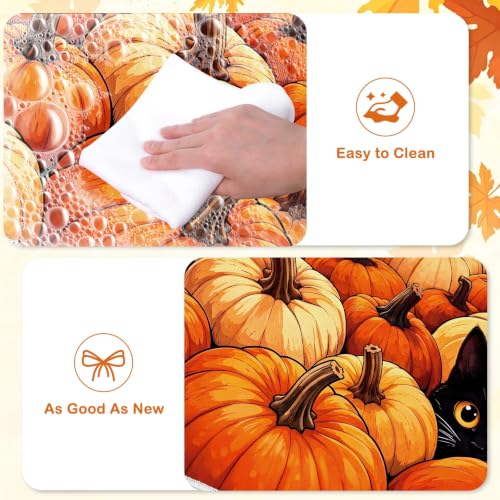 Fall Kitchen Rug Set of 3 - Halloween Pumpkin & Cat Mats with Velvet & Silicone Base