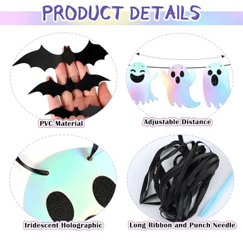 Halloween Iridescent Banner Set with Ghost & Bat Decorations - Black Glitter Hey Boo