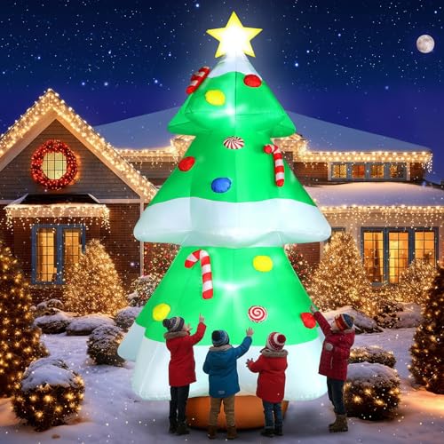 10FT Outdoor Inflatable Christmas Tree with LED Lights, Star & Candy Decor
