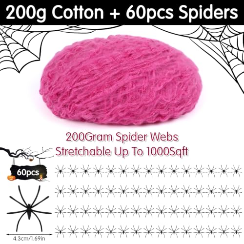 Pink Halloween Spider Web Decor with 60 Fake Spiders - 1000 Sq Ft Indoor Outdoor