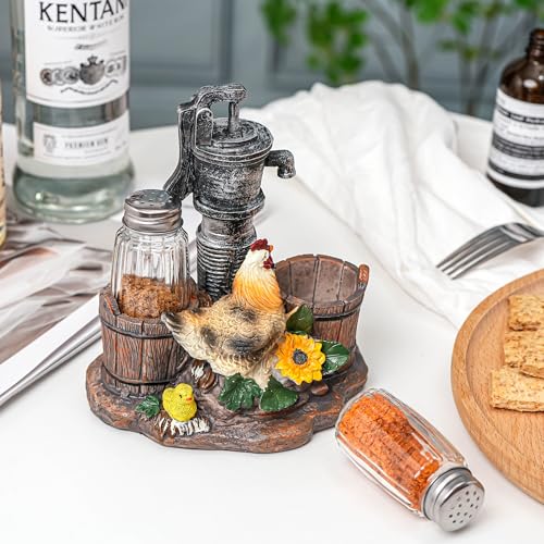 Farmhouse Rooster & Chick Salt & Pepper Shaker Set with Water Pump - Rustic Kitchen Decor - FarmHenWell Variation