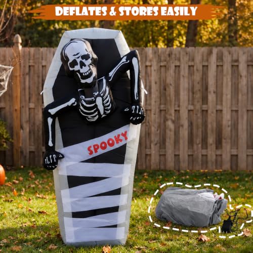 7FT Lighted Inflatable Halloween Tombstone with Skeleton and Coffin