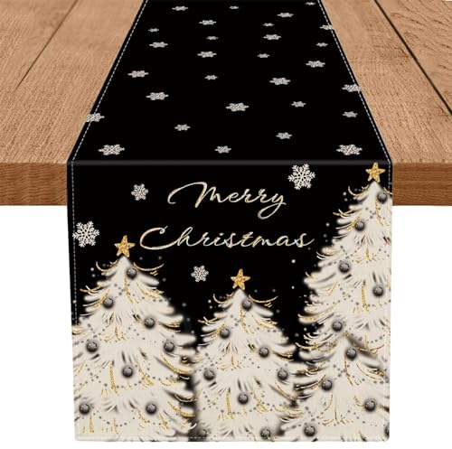 Christmas Table Runner 13x60 Inch Gold Tree Snowflake Holiday Decor - Black