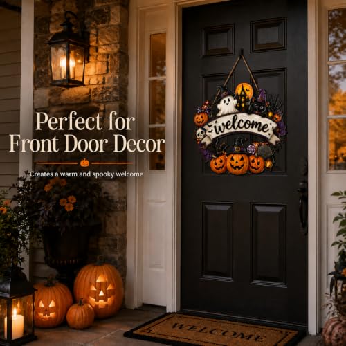 Wooden Halloween Wreath for Front Door Decor - Pumpkin Black Cat Ghost Design