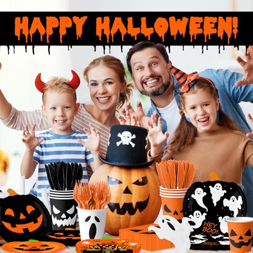 Halloween Pumpkin Paper Plates Napkins Cups Set for Spooky Party Decorations