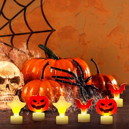 Halloween Flameless Candle Set with Pumpkin, Bat & Ghost Designs - Safe LED Tealights
