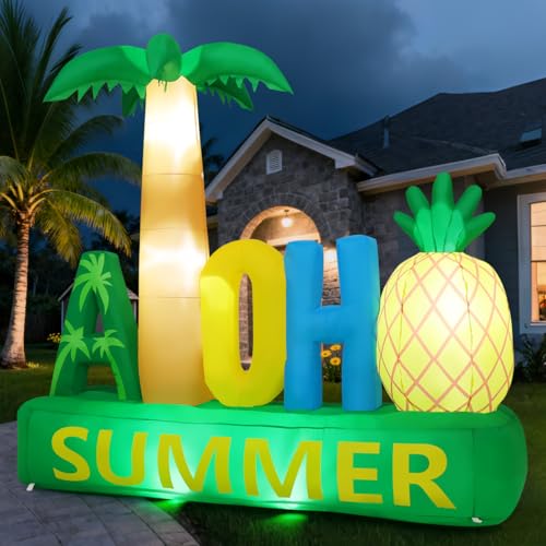 Inflatable Palm Tree and Pineapple Decor with LED Lights for Outdoor Yard and Pool Parties