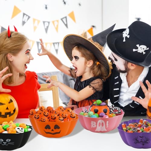 Large Halloween Candy Bowls Set of 4 - Reusable Plastic Pumpkin Trick or Treat Bowls, 11.6 Inch Orange