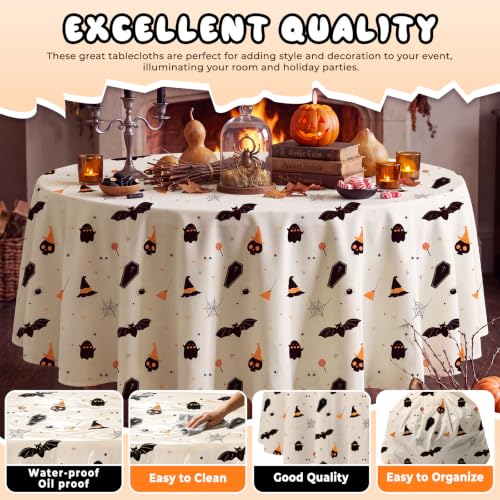 Halloween Tablecloth 6 Pack 84 Inch Round Plastic Bat Ghost Table Covers - Pumpkin Beige Variation
