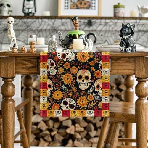 Sugar Skull Table Runner - Day of The Dead Mexican Decor for Dining Table 13x72 Inches