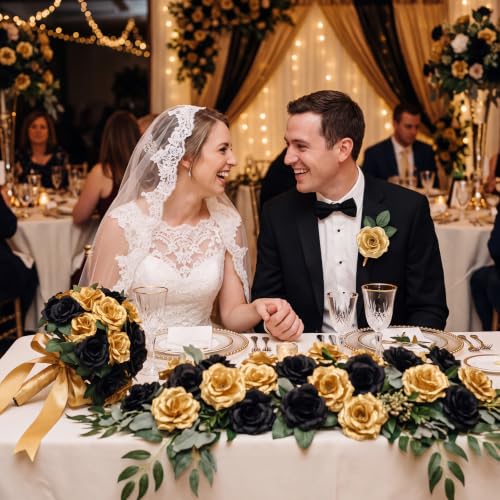 Artificial Black and Gold Roses Set - 120 Silk Flowers with Stems & Leaves