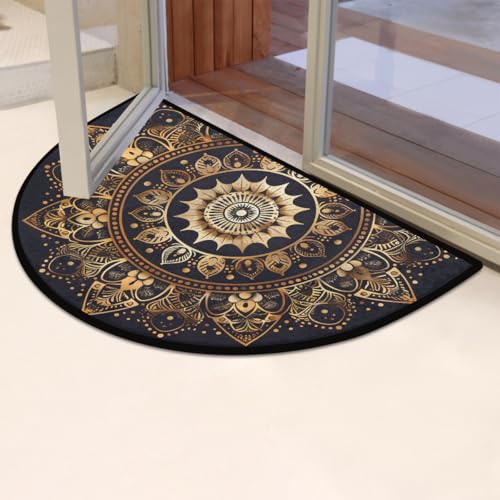 Half Moon Door Mat Mandala Boho Bohemian Black Non Slip Washable 36x24in - A3