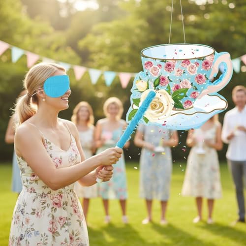 Aoriher Blue Tea Piñata with Blindfold & Stick - Tea Party Decor & Fun