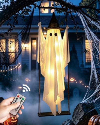 Large Halloween Hanging Ghost Decor - 5.2FT Outdoor Swing Ghost with Lights & Face Customization