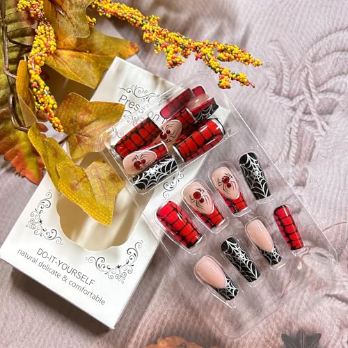Halloween Press On Nails Medium Square Silver Spider Web with Rhinestones - Spider Design