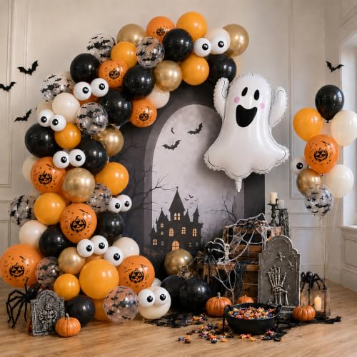 Halloween Balloon Set - Black, Orange, Sand, Gold with Ghost & Bat Prints - 36 Pack