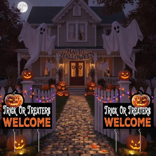Halloween Yard Signs Set - Trick or Treaters Welcome Outdoor Decor, Weatherproof, Double Sided, 3-Piece