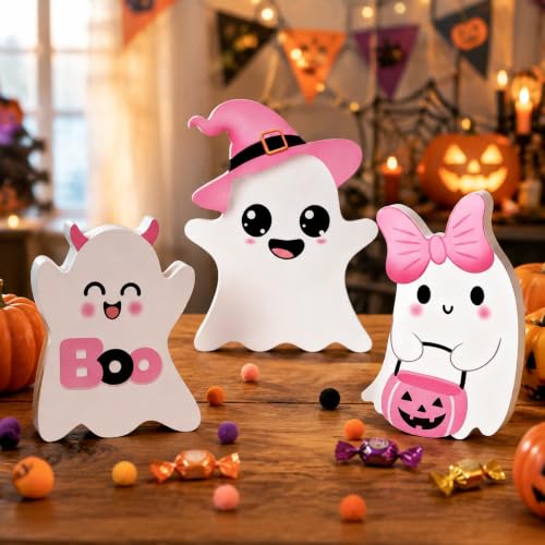 Halloween Ghost Decorations Set - 3 Pink Indoor Spooky Decor with Variation D