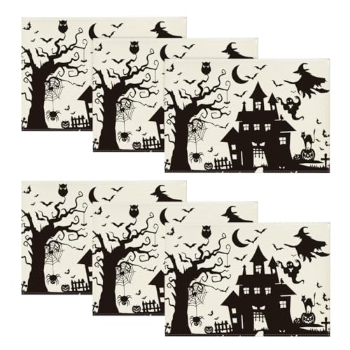 Halloween Spooky Haunted House Placemats Set of 6 - 12x18 Inch Rectangular, Beige