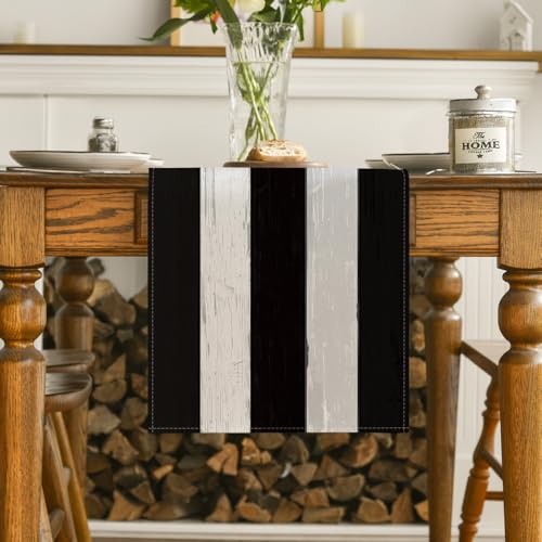 Black and White Retro Rustic Wood Texture Table Runner - 13x72 Inch Seasonal Halloween Decor
