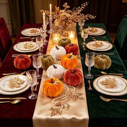 Velvet Mini Pumpkins Decor Set - Fall Thanksgiving Table Accents, 12 Pcs