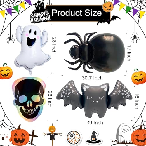 Halloween Foil Balloons Ghost Bat Skull Spidey Balloon Set - Black & White, 4 Pcs