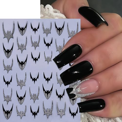 Halloween Glitter Bats Nail Stickers - 6 Sheets 3D Self-Adhesive Nail Art Decals