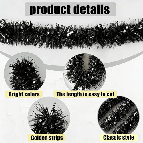 Black Tinsel Garland - 33 Ft Halloween, Gothic, Masquerade & Party Decor - Variation: Black