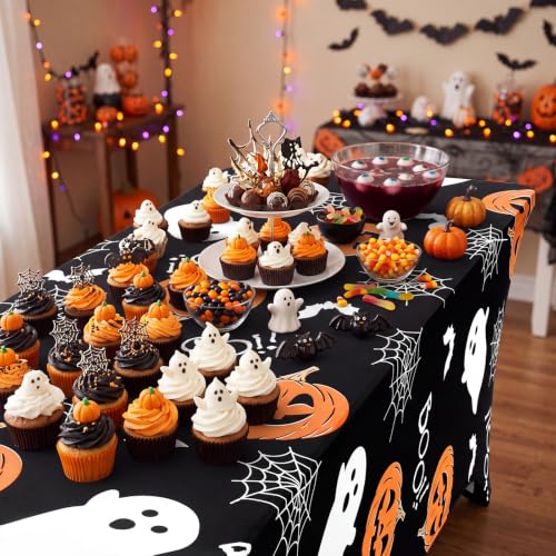 Halloween 2 Pack 6ft Rectangular Spandex Tablecloths with Pumpkin Ghost Print - Black, Orange, White