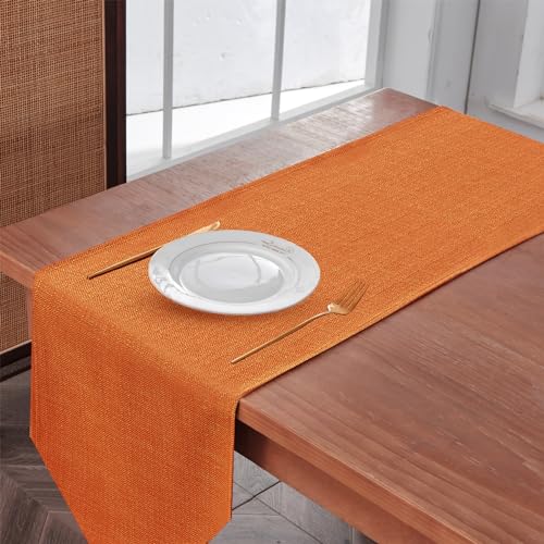 Waterproof Linen Look Table Runner - Vibrant Orange 14x95 Inch, Easy Care