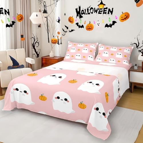 King Size Ghost and Pumpkin Halloween Bed Sheet Set - Multicolor 21 Variation