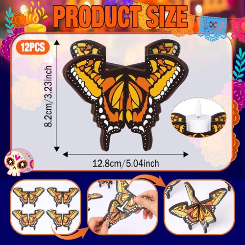 12 Pcs Day of the Dead Wooden Butterfly Candleholders - Festive Tabletop Decor