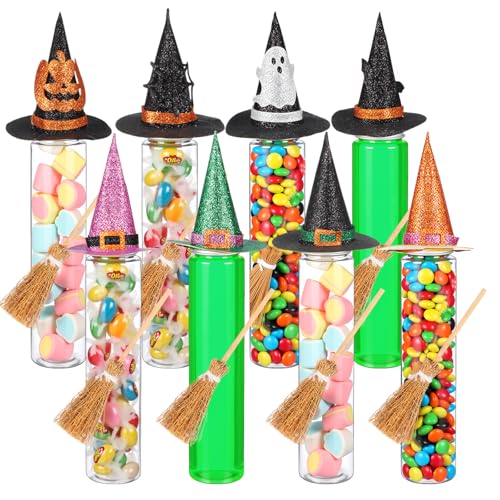 Halloween Candy Tubes Set - 16 Clear 4oz Plastic Containers with Witch Hats & Brooms