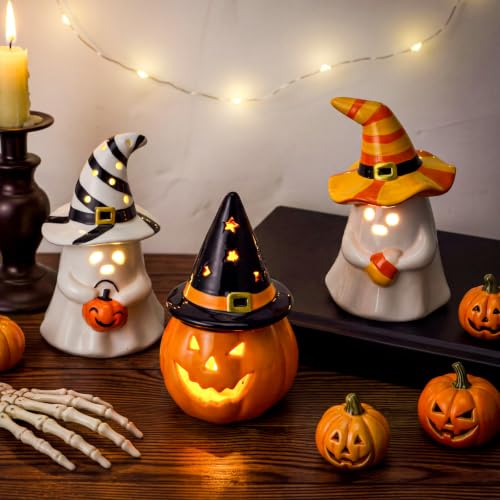 Halloween Ceramic Ghost Pumpkin Figurines with LED Lights - Indoor Decor Set