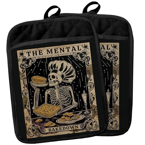Gothic Skeleton Pot Holders with Pockets - Color B Heat-Resistant Oven Mitts for Kitchen Baking & Cooking