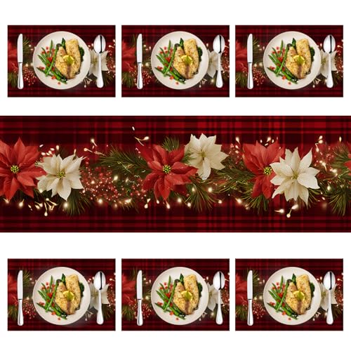 Christmas Table Runners and Placemats Set of 6 - Red Plaid with Poinsettia & Floral Design, Variation 124
