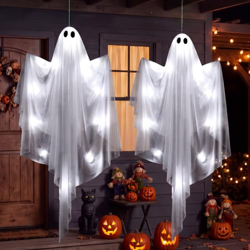 Halloween Light-Up Flying Ghost Decorations - 2 Pcs, 47 Inch, Cold White, Outdoor Indoor Haunted House Prop