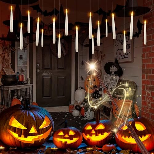 White Floating Candles with Magic Wand Remote - 12 Pack LED Taper Flickering Lights for Halloween Christmas Home Party