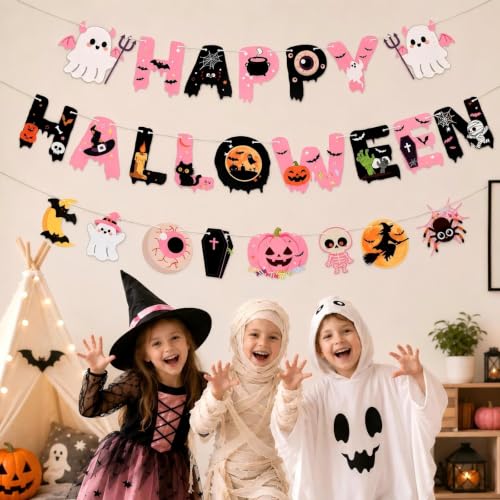 Pink Halloween Banner Set - Reusable Hanging Decorations for Parties