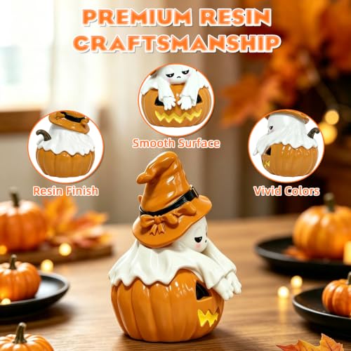 Halloween Ghost Pumpkin Figurine with Light - Resin Tabletop Decor