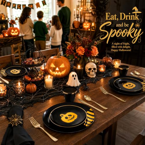 Halloween Pumpkin Party Plates & Silverware Set - Black Gold, 50 pcs