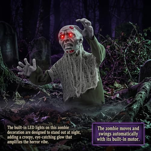 Outdoor Ground Zombie Halloween Decor with Flashing LED Eyes - Animated Yard Prop