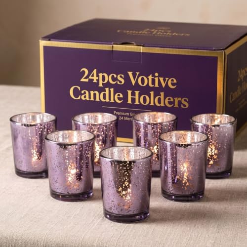 Purple Votive Candle Holders Set - 24 Glass Tea Light Holders for Weddings & Home Decor - Variation: Purple / Cup / 24