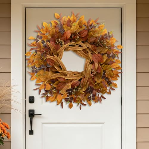 Orange Fall Wreath for Front Door - 26 Inch Eucalyptus Berry Decor