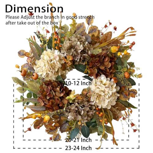 24 Inch Fall Wreath with Hydrangea & Mini Pumpkins - Rustic Front Door Decor - Variation: 10 Rusty Hydrangea