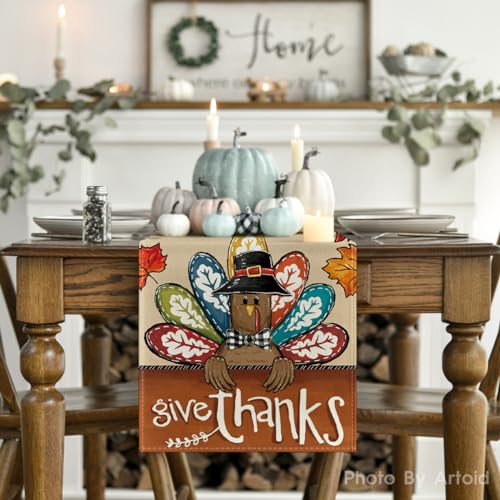 Turkey Give Thanks Thanksgiving Table Runner 13x72 Inch Fall Autumn Kitchen Decor Brown