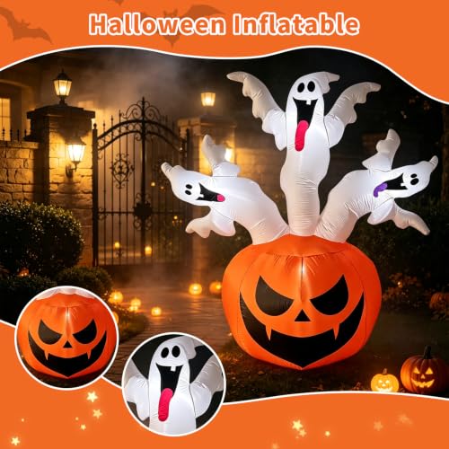 6FT Halloween Inflatable Pumpkin & Ghosts Yard Decor with LED Lights - Multi-Color