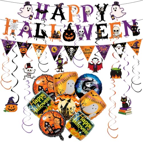 Halloween Party Decorations Kit - 22Pcs Foil Balloons Banner Swirls - Holiday Festive Decor