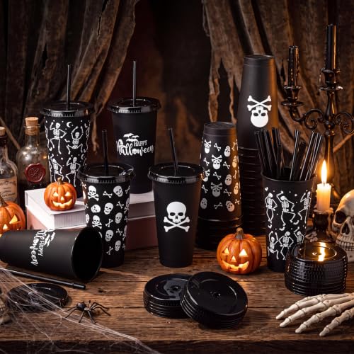 Halloween Skull Plastic Cups Set with Lids & Straws - 24 oz Party Drinkware